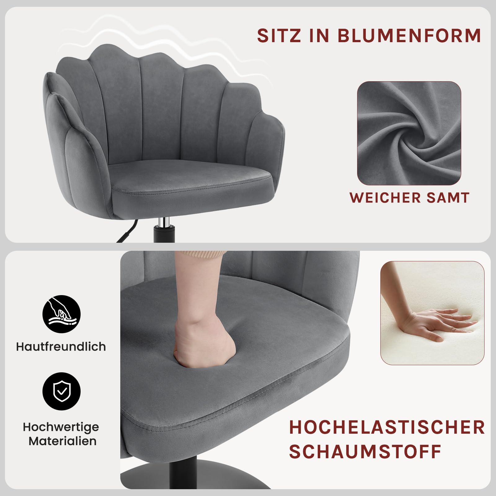 WOLTU Schminktisch Stuhl, Sitzhocker mit Lehne, Schminkstuhl Blumenform, Hocker höhenverstellbar drehbar, Drehhocker Samt, Metall, Dunkelgrau