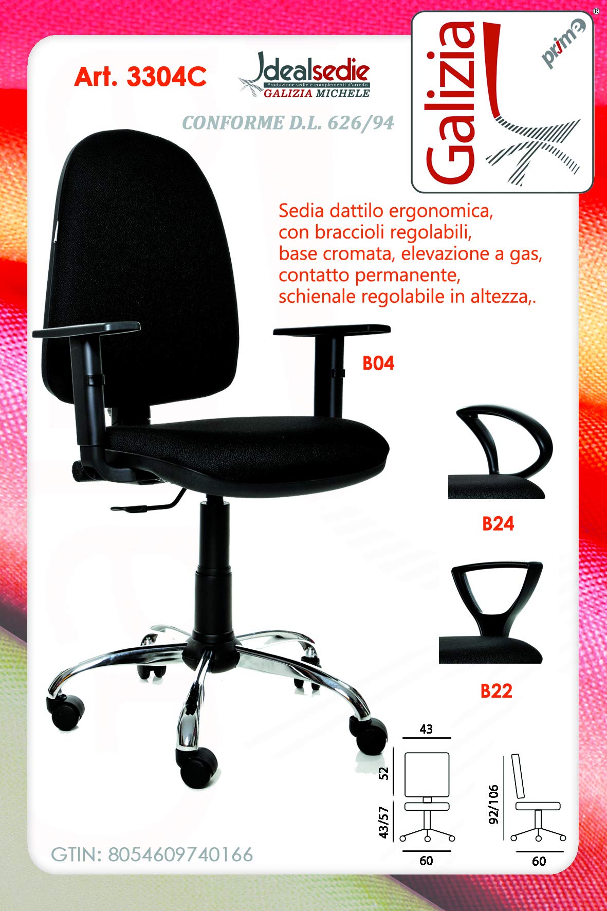 Sedia Ufficio GALIZIA Prjme Con Braccioli E Ruote – Altezza Regolabile, Portata 100 Kg, Tessuto Nero