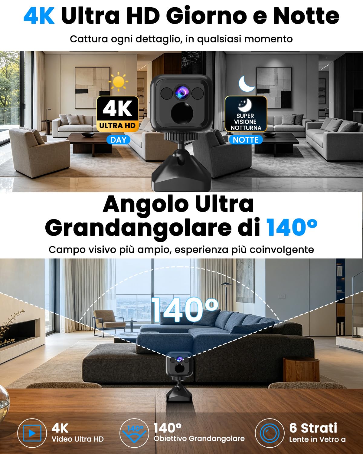 Mini Telecamera Spia ,4K Telecamera Videosorveglianza, WiFi o Modalità AP | Bassa Potenza, 160 Giorni di Standby, Visione Notturna Telecamera Senza Wifi per Interna/esterns/Casa, Nero