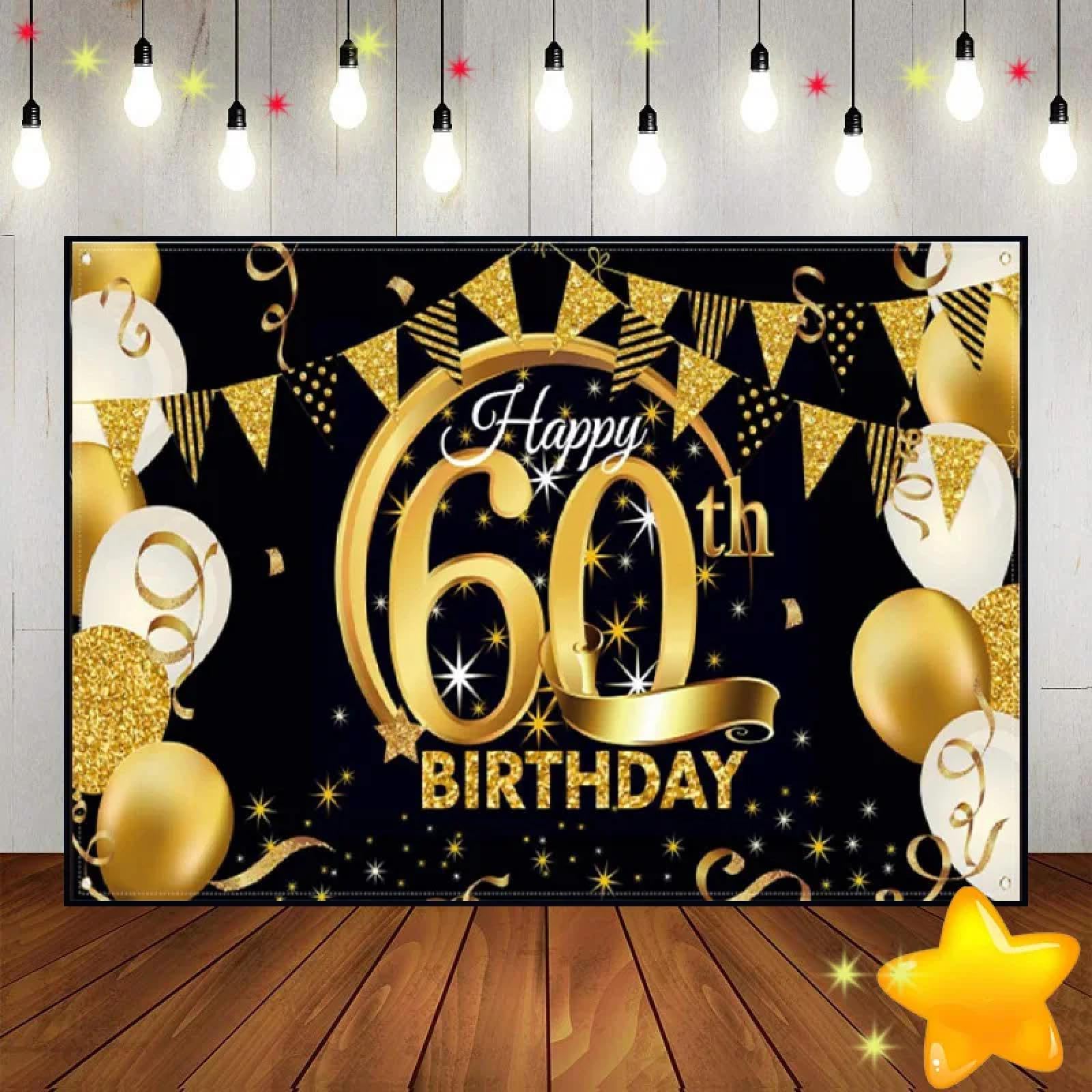 Buon 60° compleanno Sfondo fotografico Ragazza Sfondo personalizzato Fondali fotografici per feste Decorazione dorata Ragazzo Principessa Principe Uomo 350x240CM