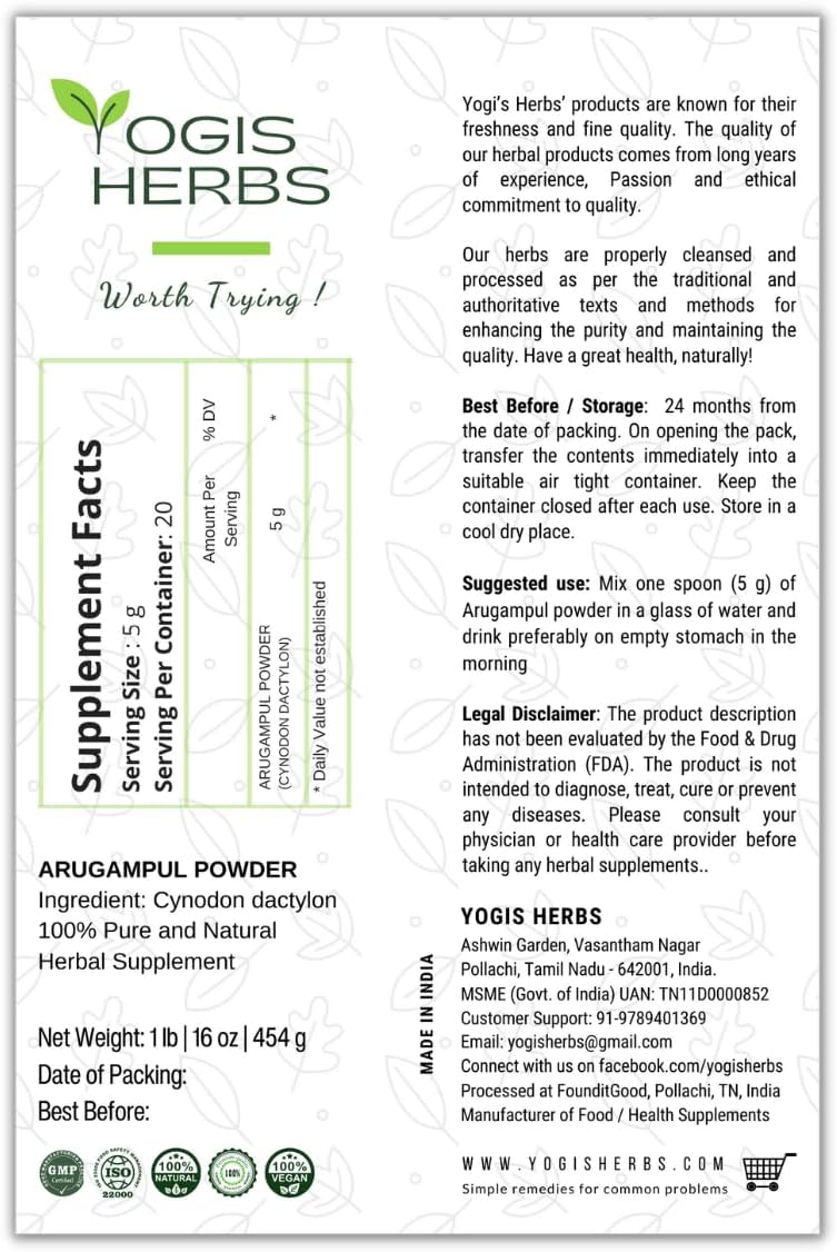 YOGIS HERBS Arugampul Powder - Bermuda Grass Powder - Cynodon Dactylon -1Lbfresh & Pure 1 Pound (Pack of 1)