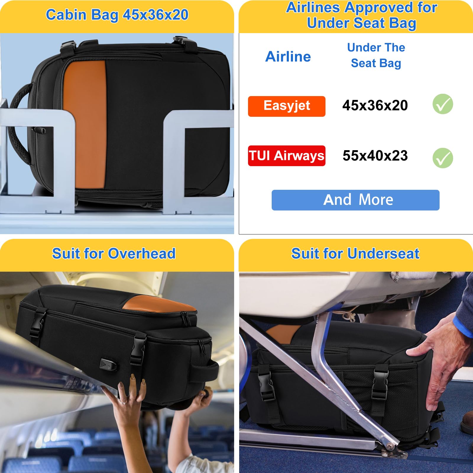 EZUOLA Borse da Cabina per Easyjet 45x36x20 Bagaglio a Mano Zaino da Viaggio Aereo Piccolo Borsa da Cabina per Voli Zaino Donna Uomo Sedile Zaino Bagaglio a Mano Borsa Scuola Lavoro D'Affari Casual