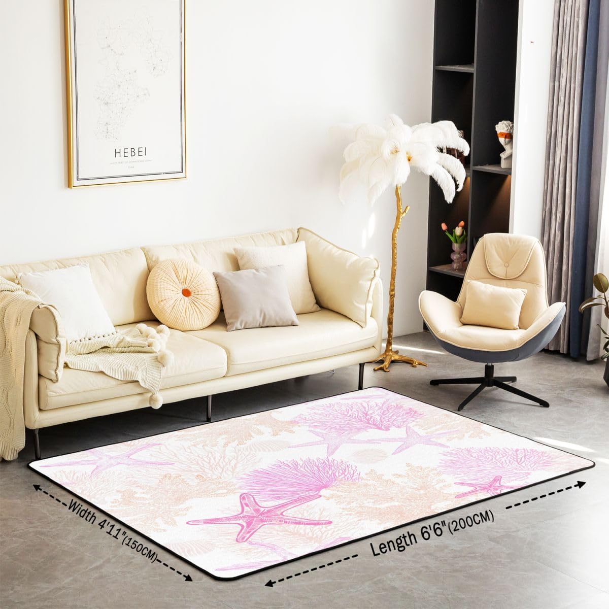 Kids Nautical Coastal Indoor Floor Mat Beach Ocean Theme Area Rug 5x7 for Boys Girls Teens Bedroom Decor Summer Tropical Seashell Starfish Coral Decor Carpet Pink Breathable Soft Microfiber image 2