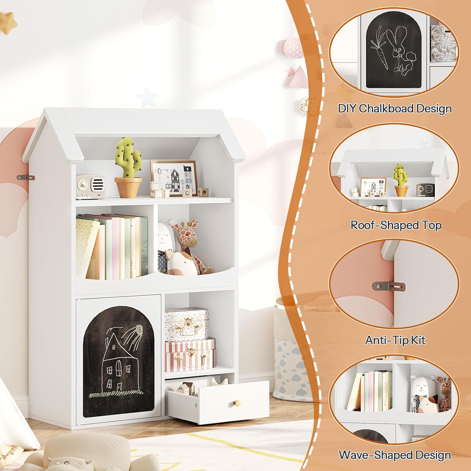 HOOBRO Toy Storage Organizer, Toy organizers and Storage with Drawer and DlY Chalkboard, Kids Bookshelf and Toy Storage with 4 Cubbies, Kids Toy Storage for Kids Room, Playroom, Nursery White WB64CW01