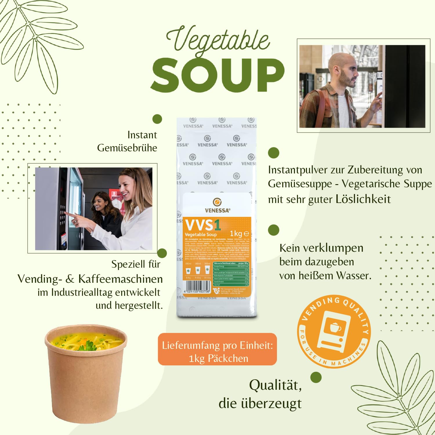 Venessa VVS1 Sopa de verduras 10 x 1 kg - Fresco y fino - Sabor vegetal natural - Soluble, sin grumos - Adecuado para todas las máquinas de café Vending, oficinas, autoridades