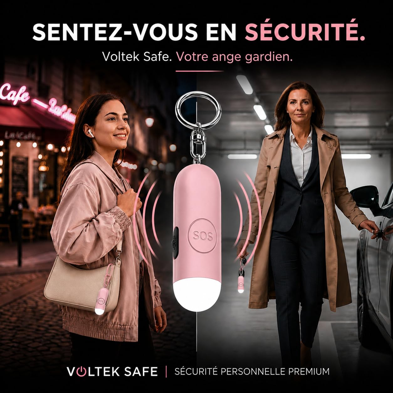 VOLTEK Safe Alarme Personnelle Anti Agression 130 DB Tracker Bluetooth, Compatible Apple FindMy iOS & Android, Alarme de Poche Self Defense, Porte-clés Sécurité, Flash LED, Bouton SOS, USB-C