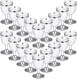 Didaey 48 Pcs Disposable Plastic Wine Glasses 5 oz Party Wine Cups Hard Plastic Drinking Glasses with Stem Stackable Stemmed Goblets for Champagne Dessert Wedding Home Toasting(Silver Rim)