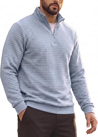 Mens Quarter Zip Up Pullover Waffle Knit Mock Neck Fashion Sweatshirt Casual Winter Long Sleeve Polo Shirts