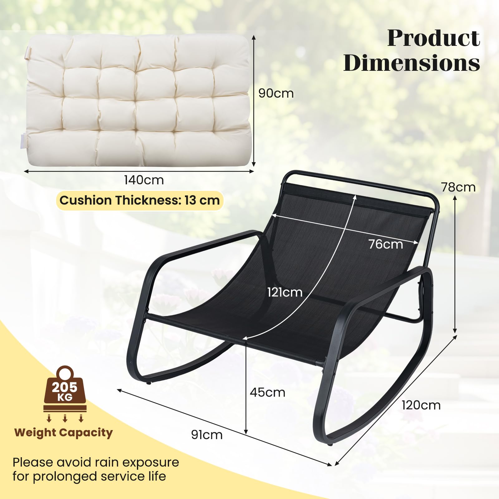 COSTWAY Fauteuil à Bascule Exterieur, Charge 205 kg, Fauteuil de Jardin Papasan en Métal, Coussin Amovible&Épais 13 cm, Base Antidérapante, Rocking Chair pour Salon Balcon, 120 x 91 x 78 cm (Beige)