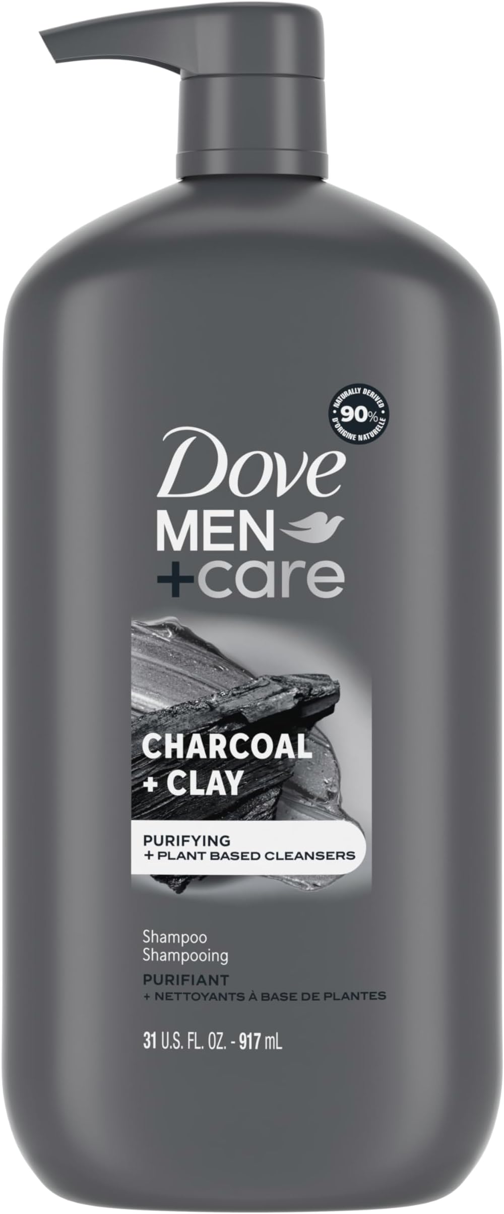DOVE MEN+CARE Charcoal Pump Purifying Shampoo Charcoal + Clay for Stronger, More Resilient Hair, with Plant-Based Cleansers, 31 oz