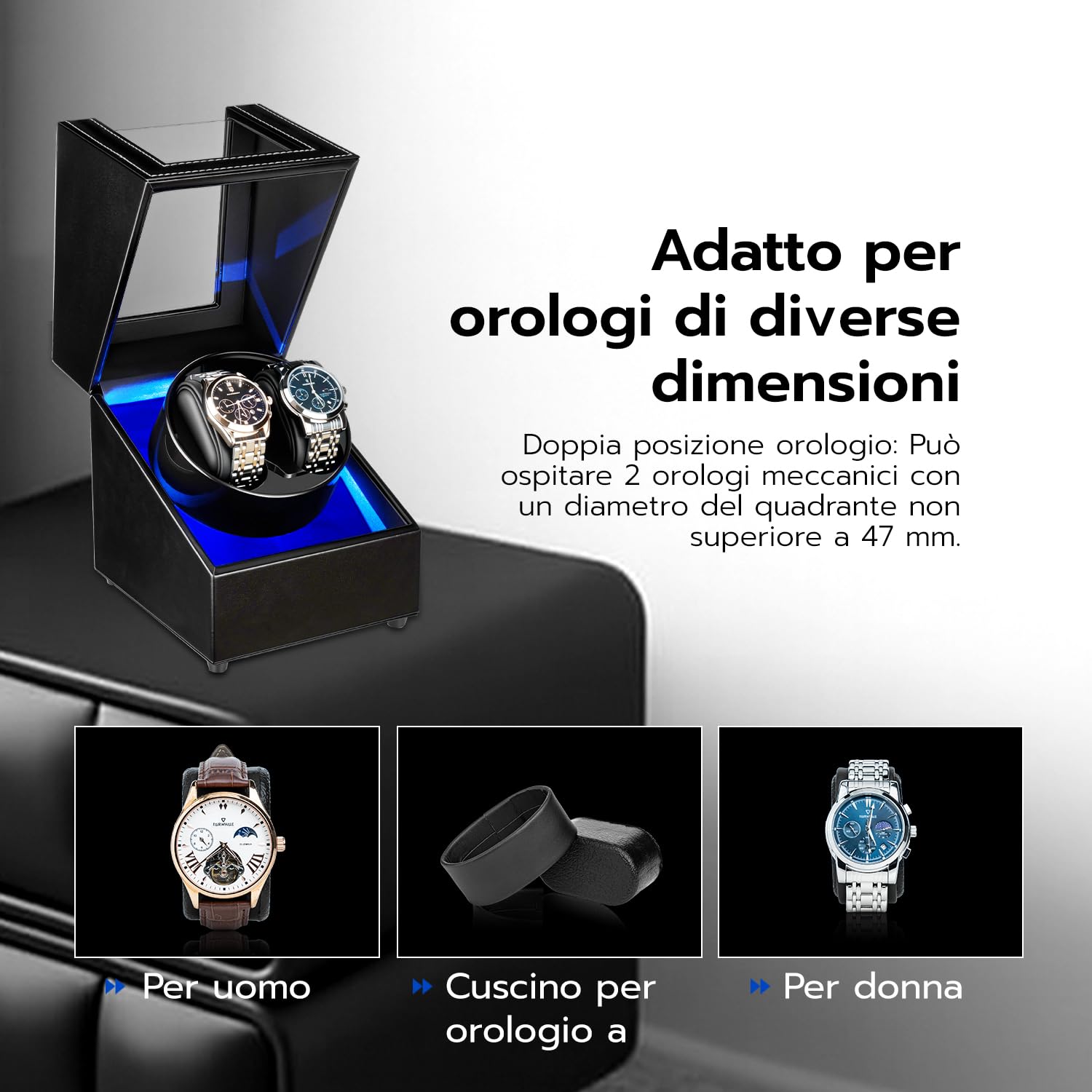 Mcbazel Winder per Orologi Doppio, Custodia per Orologi a Doppia Posizione in Pelle PU con 5 Modalità, Custodia Rotante Automatica con Ricarica USB e Luce LED Blu – Nera