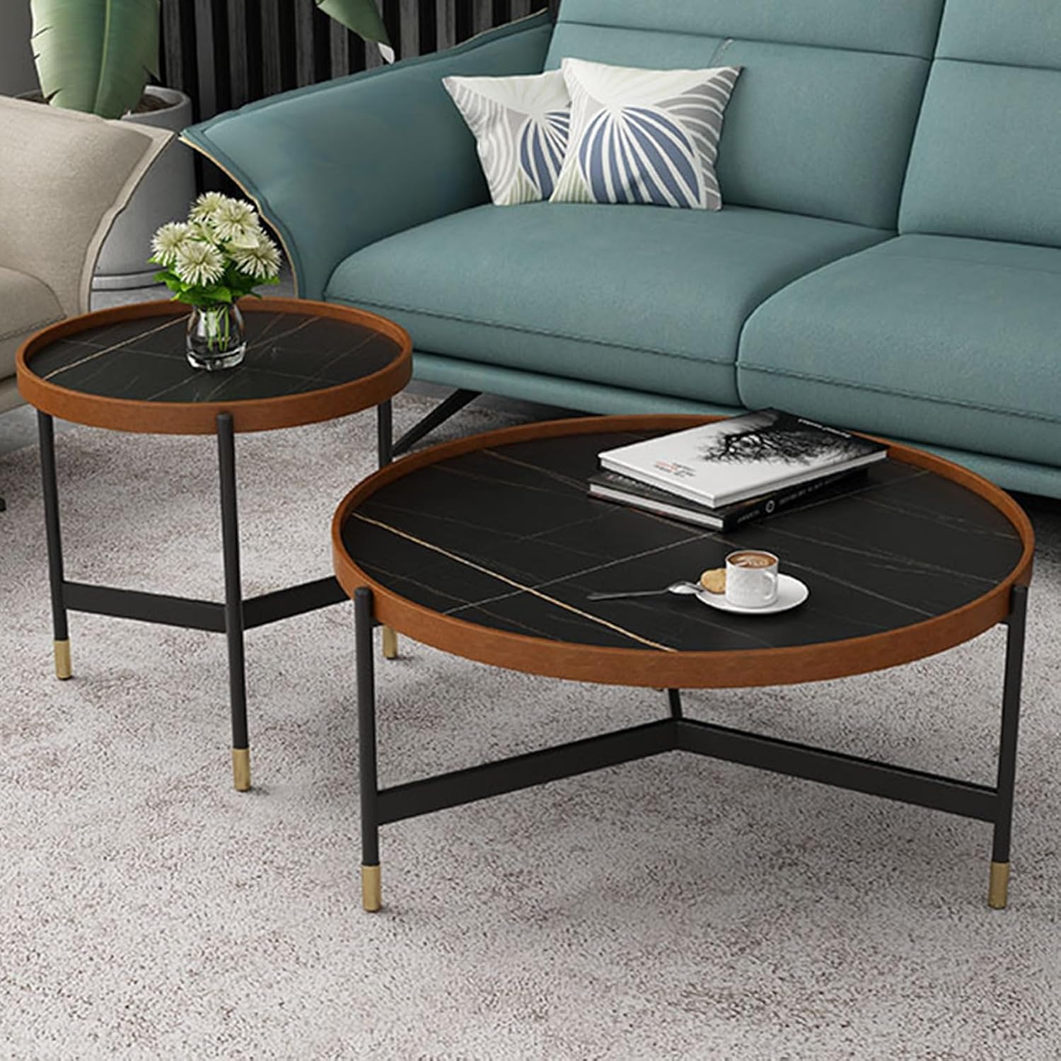 Coffee Table Set, Nesting Table with Triangular Bracket and Hard X-Leg, Center Table with Large Storage Rock Board Desktop, Edge Heightened Design, Sturdy and Easy Assembly(Black)