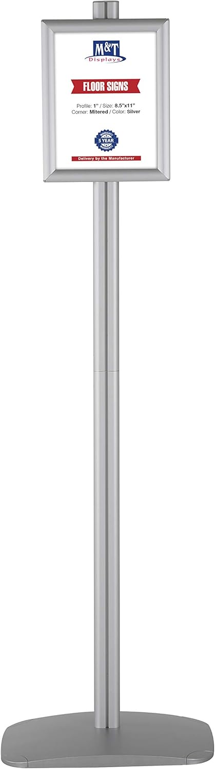 M&T Displays Free Standing Aluminum Display Stand Single Sided Document Brochure Sign Holder Front Loading Portrait Landscape Snap Frame 2x(8.5x11) inch Silver