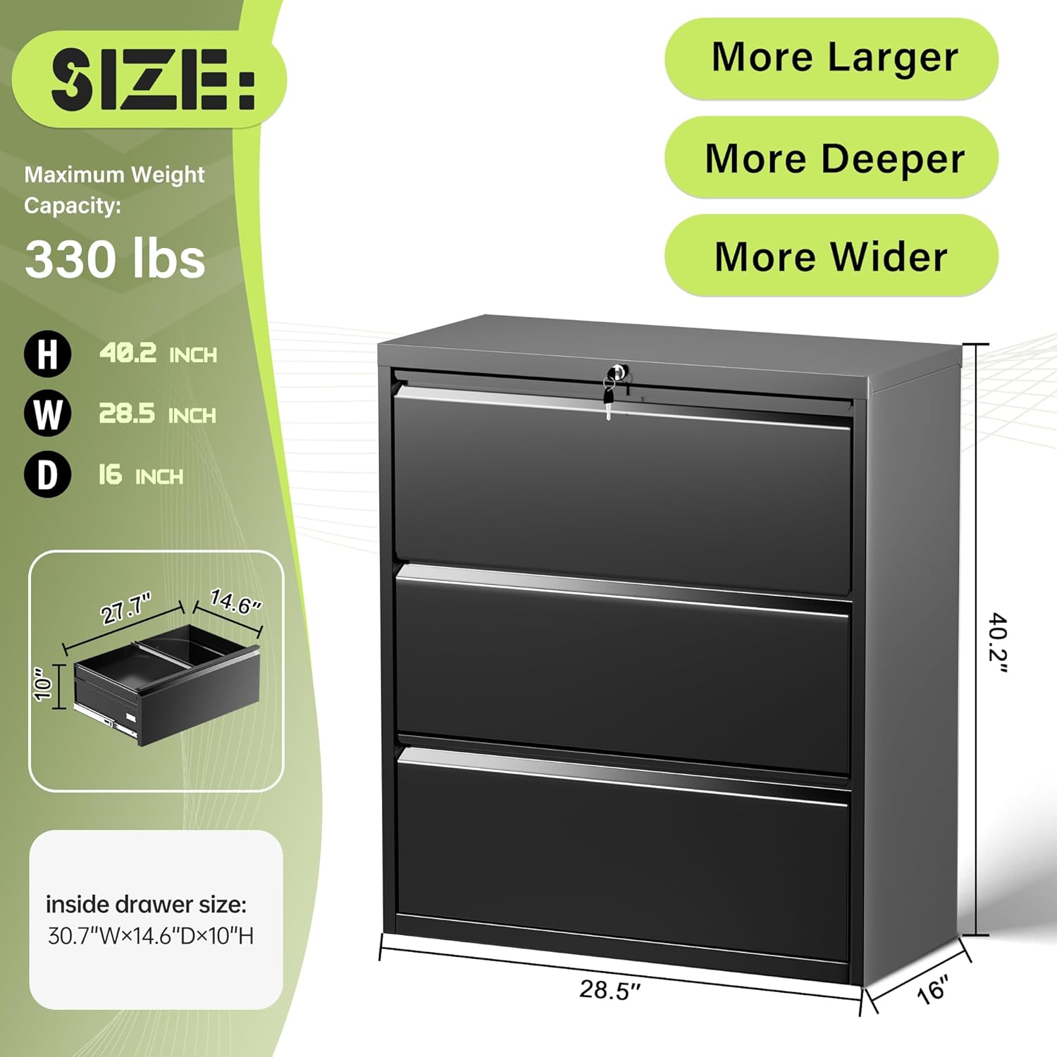 Oakcloud 3 Drawer File Cabinet for Home Office, Filing Cabinet with Lock, Metal Vertical File Storage Cabinet for A4/F4/Letter/Legal Size, Easy Assemble (28“-Black)