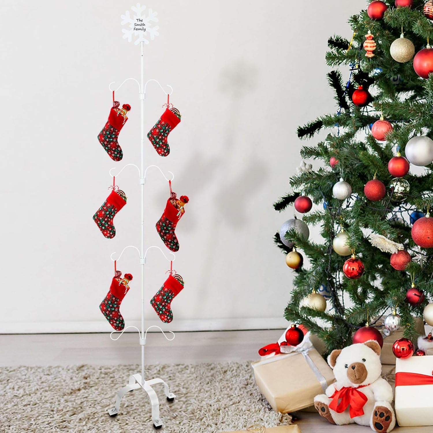 Tandefio Freestanding Christmas Stocking Holder 59 Inches Adjustable Metal Christmas Stocking Tree Stand Rack with 8 Hooks for Holiday Decorations Christmas Stocking Indoor (Snowflake,White)
