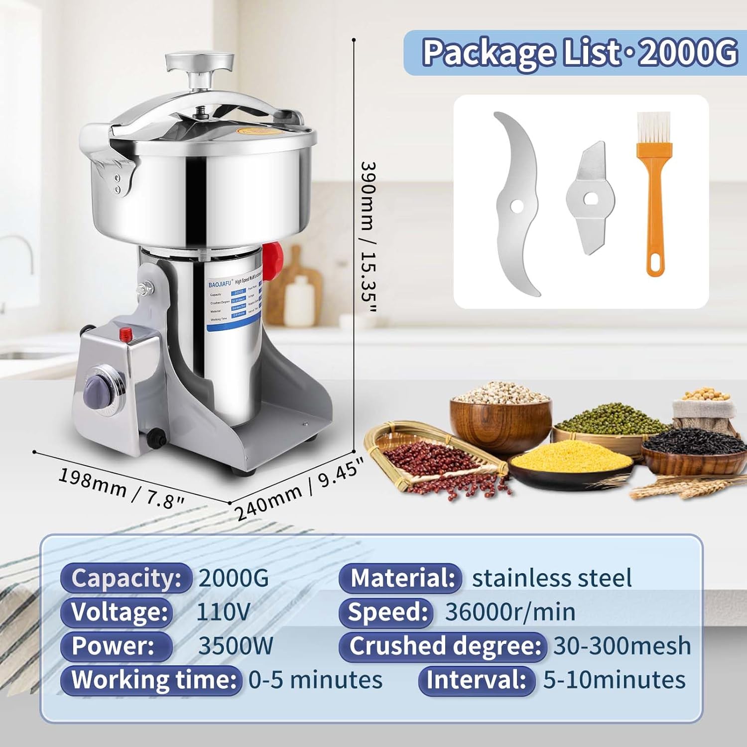 Electric Grain Mill 3500W Superfine Powder Grinder Dry Grinder Machine 36000r/min High-speed Grain Mill 270° swingable Dry Material Grinding Machine Stainless Steel Pulverizer 2000g