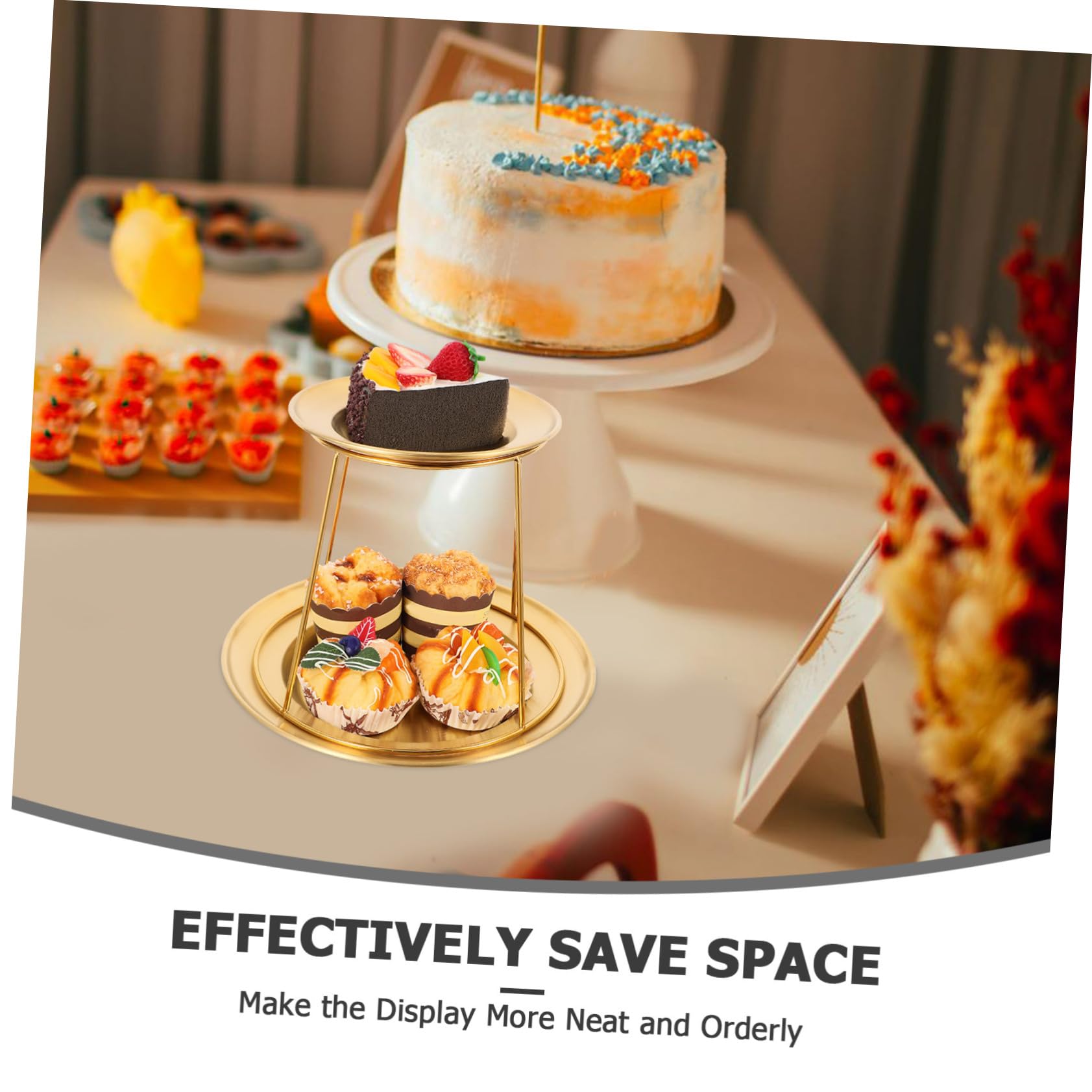 Ciieeo Soporte para Servir de 2 Niveles de Acero Inoxidable Dorado, Diseño Elegante y Simple, Fácil Mantenimiento y Optimización de Espacio para Buffets y Cenas