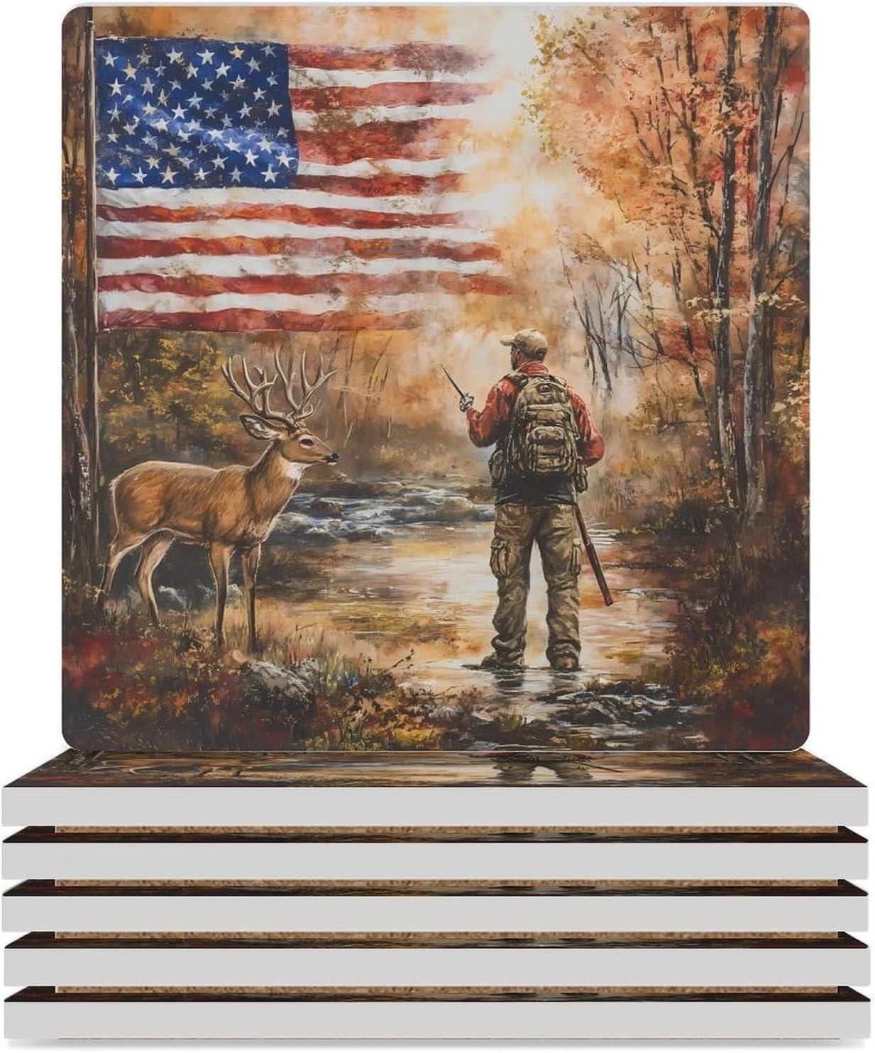 Autumn Deer Hunting U.S.A. Flag Funny Ceramic Coasters for Drinks Absorbent Cup Holder Tabletop Protector with Cork Base