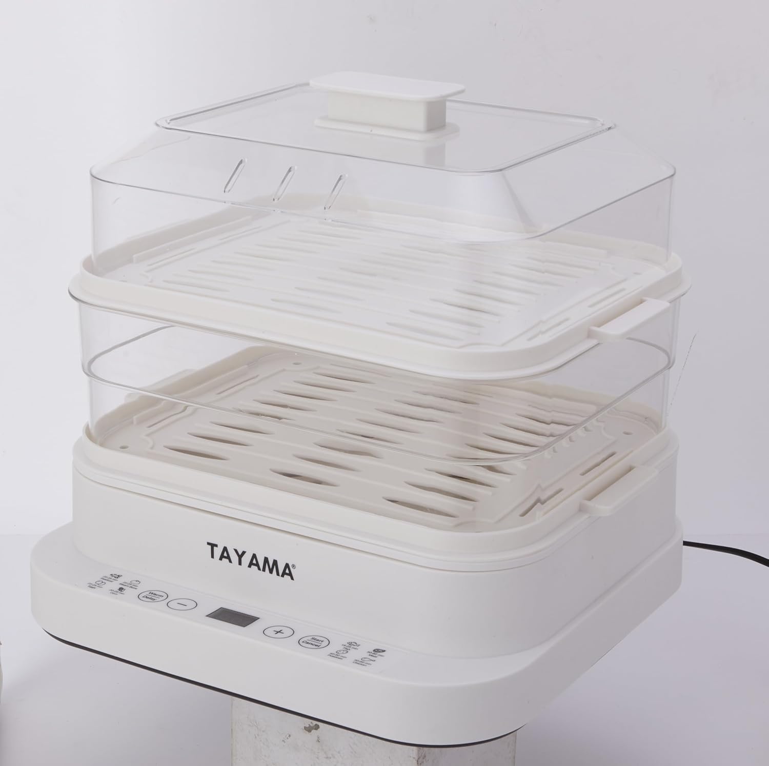 Tayama 3-Tier Electric Food Steamer with corn and sweet potatoes in the bottom tray.