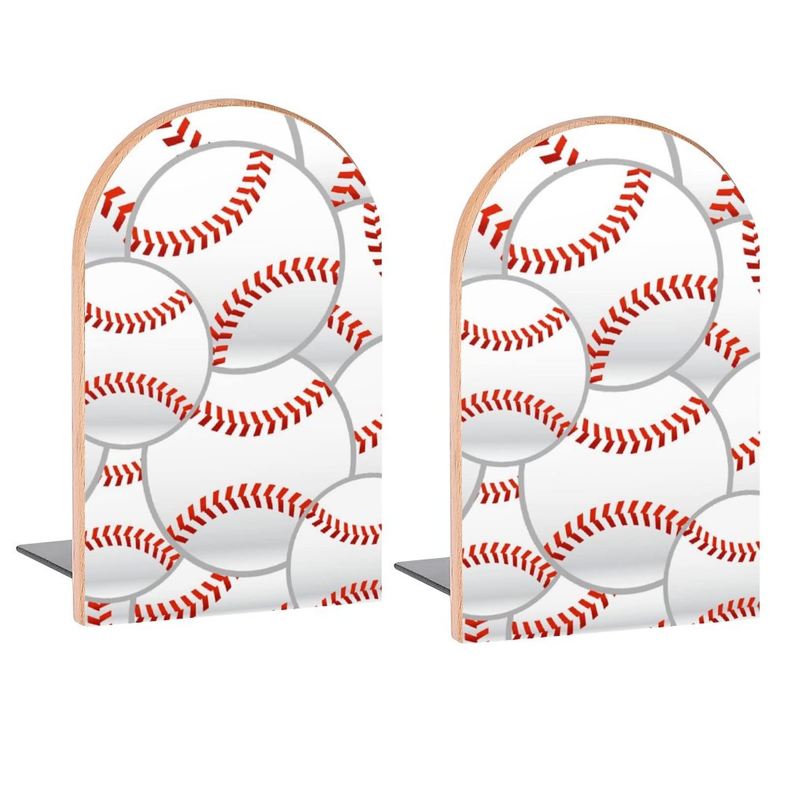 Seamlesss 3D Baseball Stitches Book Ends Decorative Wood Bookends for Shelves Kids Room Desk Home Office Book Stoppers for Magazines,Books, DVDs, 1 Pair/2 Pieces(5x3.1 in)