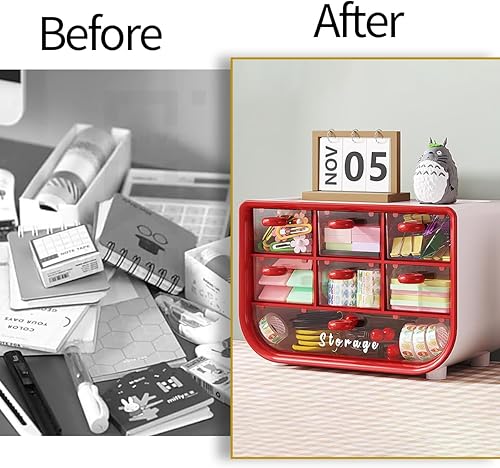 Miniatura 3 de Organizador multifuncional de escritorio, papelería cosmética organizador de gran capacidad, caja transparente de joyería roja LCC539-01