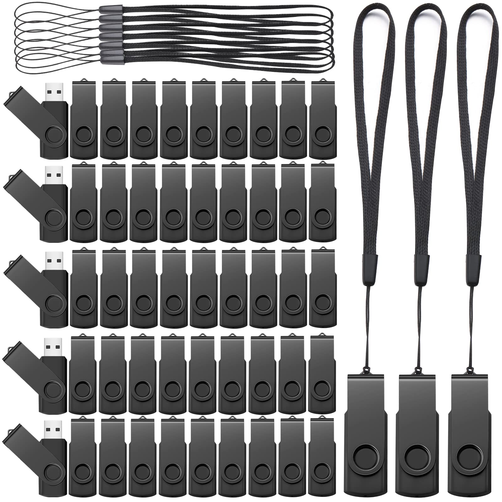 Aoriher 50 Pack USB 2.0 Flash Drives Bulk, Portable USB Thumb Drives with Lanyards, Swivel Flash Drives Thumb Drives for Office School Data Storage (Black, 2GB)
