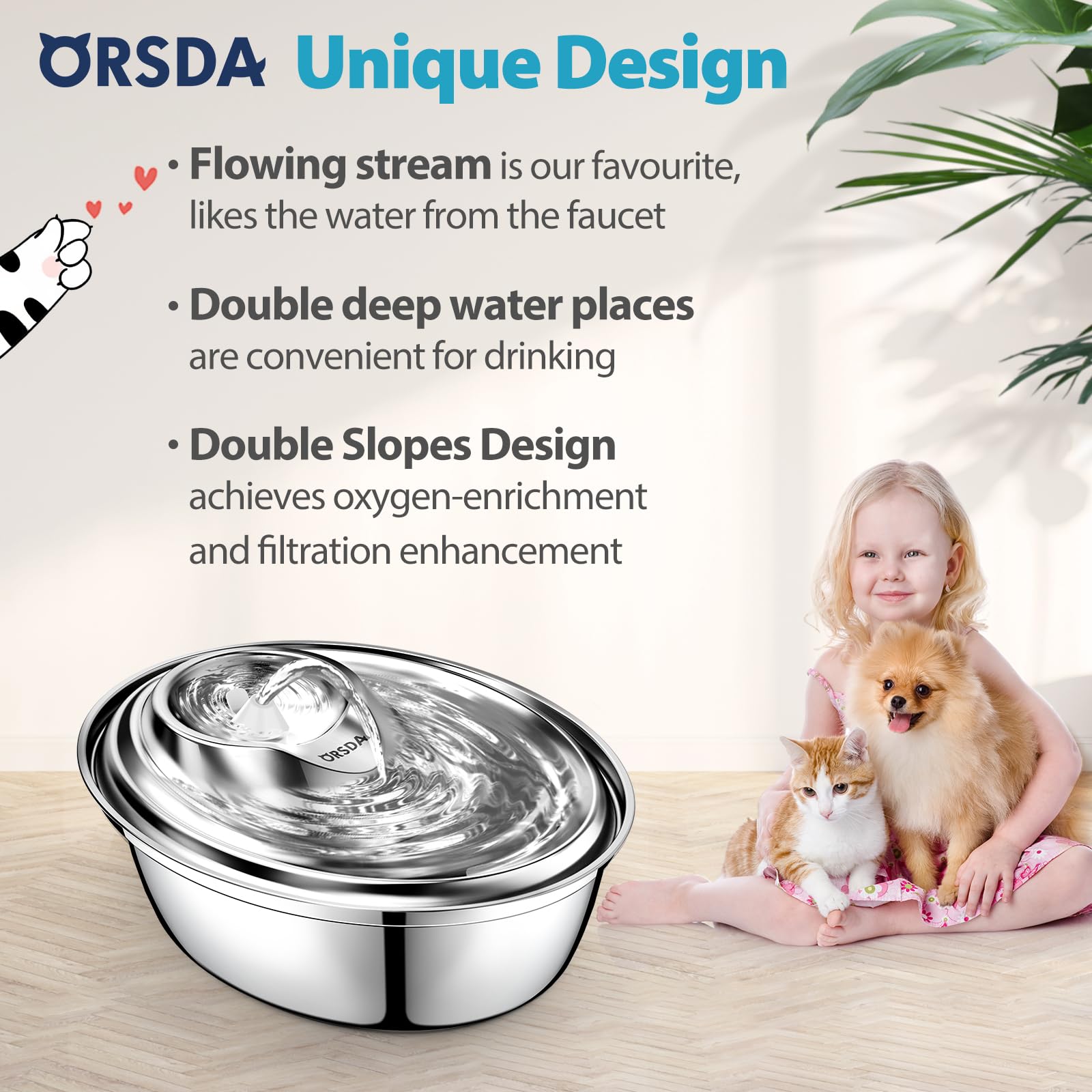 ORSDA Cat Water Fountain, Automatic Drinking Fountain Dog Water Dispenser with 8 Replacement Filters & 1 Silicone Mat for Cats, Small Dogs,2L Stainless Steel Pet Water Fountain - image 2