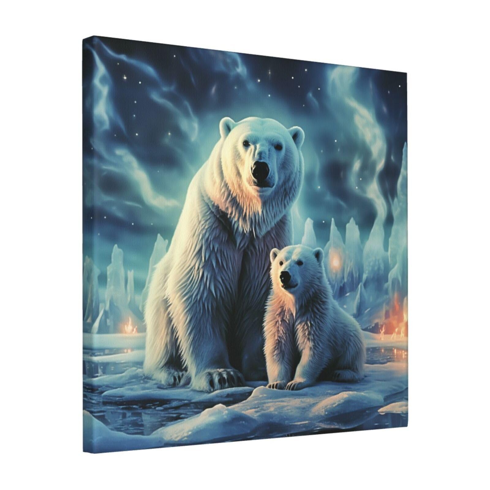 KLOPH Polar Bears Northern Lights Canvas Wall Art for Living Room 16"x16" Modern Artwork Painting for Bathroom Hanging Canvas Prints Aesthetic Wallart for Bedroom Kitchen Office Wall Decor