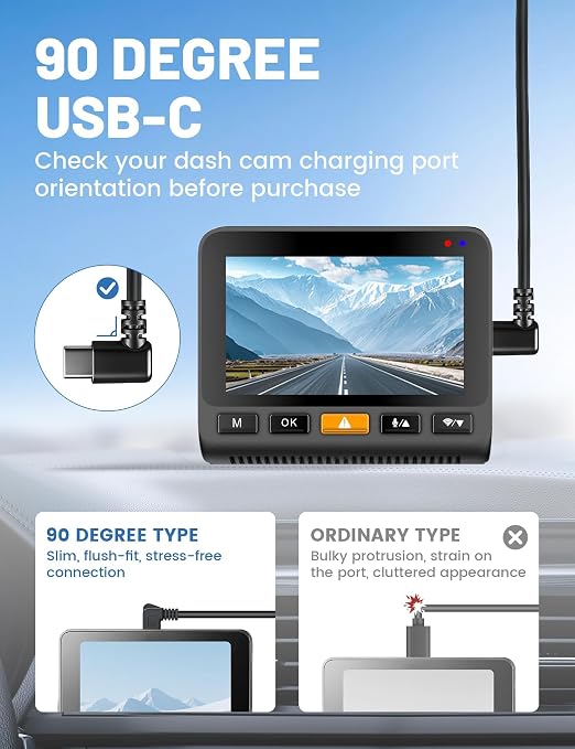 Cable de alimentación USB C 90 grados para dash cam 10 pies miniatura 5