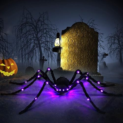 Miniatura 7 de Sizonjoy Decoraciones de araña de Halloween, decoración gigante de araña peluda negra iluminada para la mejor fiesta de Halloween, decoración de