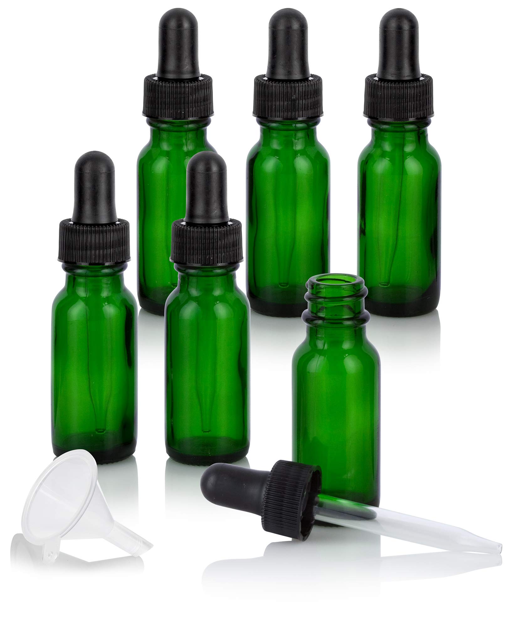 JUVITUS Green Glass Boston Round Bottle 0.5 oz / 15 ml with Black Dropper (6 pack) + Funnel