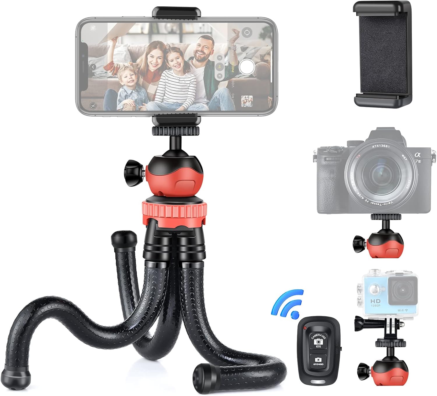 UTEBIT Tripode para Movil, Mini Portátil Palo Selfie Tripode con Mando Distancia Inalámbrico, Teléfonico Pinza, Tornillo 1/4'', Flexible Trípode Portátil Giro de 360° con Movil y Cámara Acción