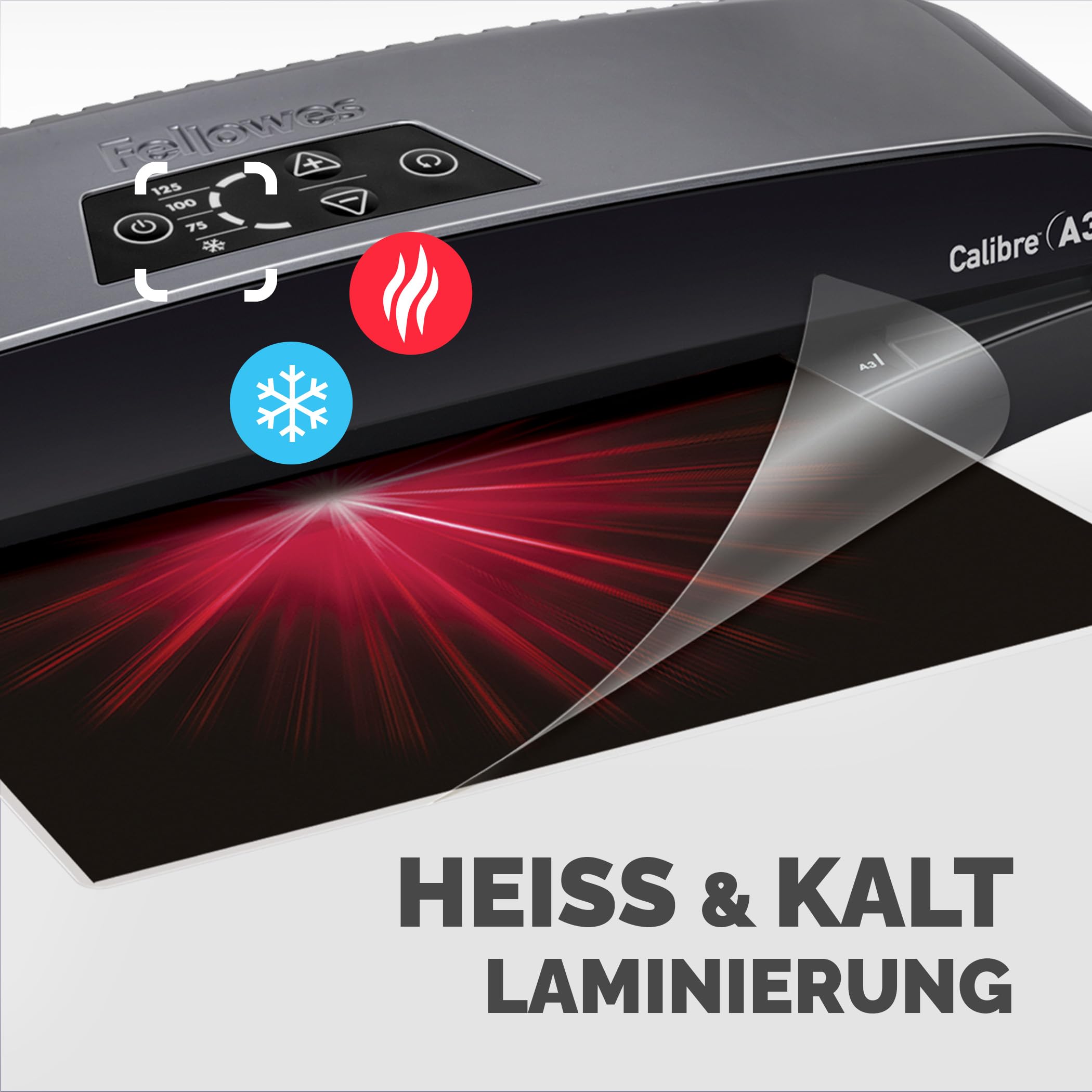 Fellowes Laminiergerät Calibre A3 für 80-125 Micron Folien, nur 60 Sek. Aufwärmzeit, staufreies Laminieren, für Büro und Home Office, inkl. 10 gratis A4 Folien