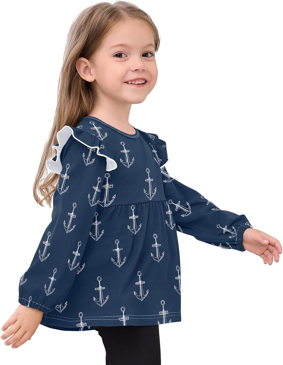 visesunny Toddler Clothes for Girls Deep Blue Anchor Long Sleeve Fall Shirts Cotton Top with Ruffle Collar