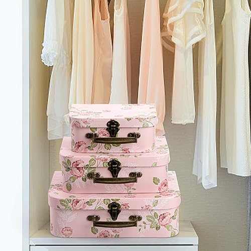 Miniatura 6 de Fasmov Paquete de 3 maletas de cartón, cajas de almacenamiento decorativas, cajas de regalo con tapas para almacenamiento de fotos, decoración del