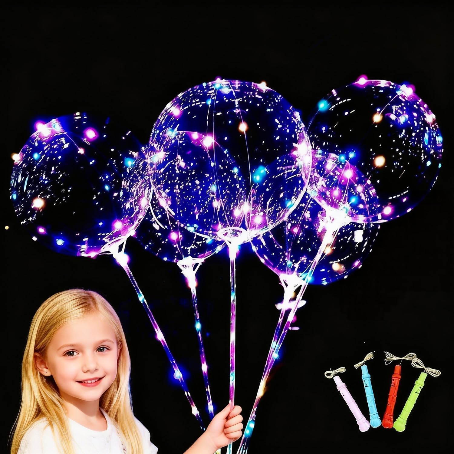 LED Light Up Bobo Balloons with Sticks,10 Packs Flashing Handles,20 Inches Bubble Bobo Balloons,70 cm Sticks,Christmas Birthday Party Decoration
