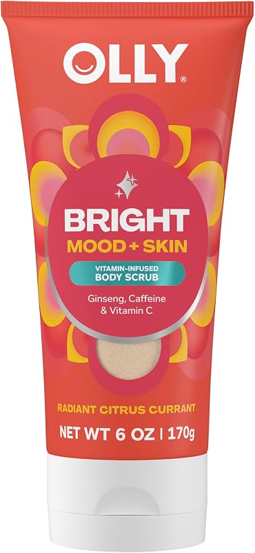 OLLY Bright Body Scrub with Ginseng, Caffeine & Vitamin C– Nourishing Cleanser for Skin Exfoliation, SkinBarrier Repair, Citrus Currant Scent, 6 oz