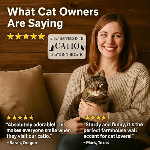 Miniatura 6 de Letrero de metal con texto en inglés What Happens In The Catio Stays In The Catio, divertido letrero de casa de gato para decoración de pared de