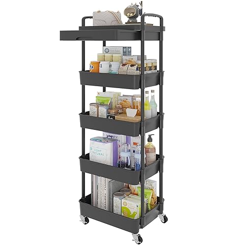 Calmootey 5-Tier Rolling Utility Cart with Drawer,Multifunctional Storage Organizer with Plastic Shelf & Metal Wheels,Storage Cart for Kitchen,Bathroom,Living Room,Office,Black - 5-Tier - Black