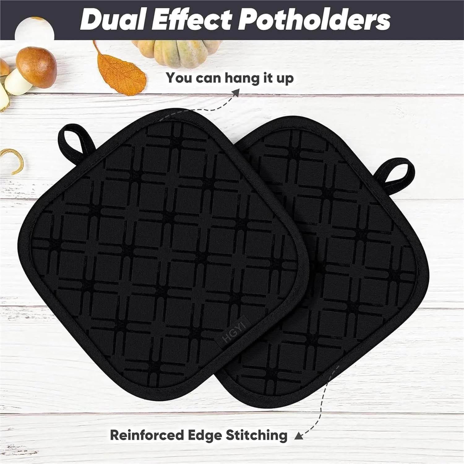 Heat-Resistant Oven Mitts and Pot Holders Set with Dishcloths, Soft Cotton Kitchen Gloves for Cooking - Black