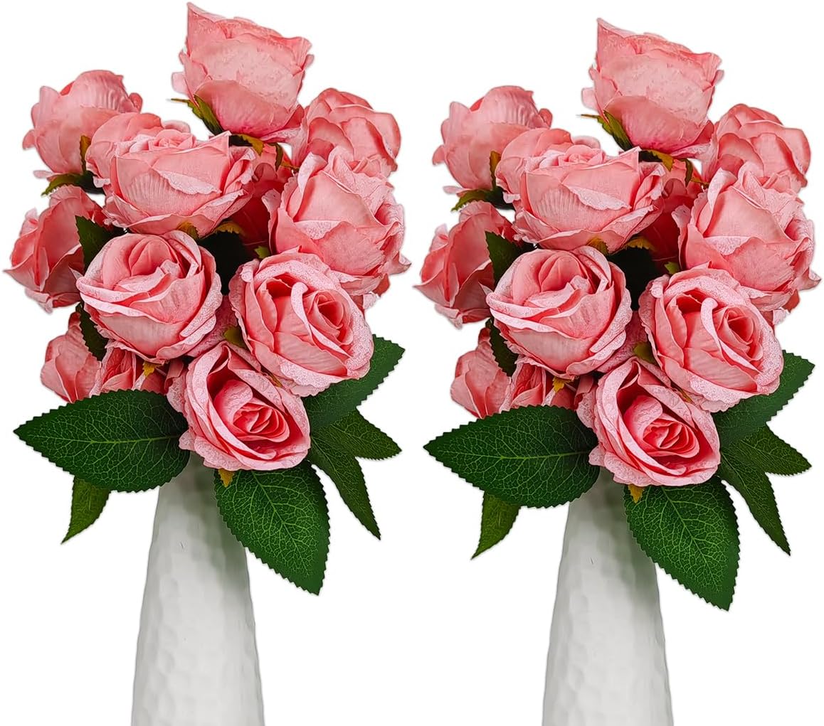 2 Pack DIY Artificial Rose Flowers, 42 Pink Roses Total, Bendable 12.6" Stems, 7 Adjustable Branches Realistic Fake Flowers for Home, Office, Wedding, Party, Valentine's Day, Crafts & DIY Decor (Pink)