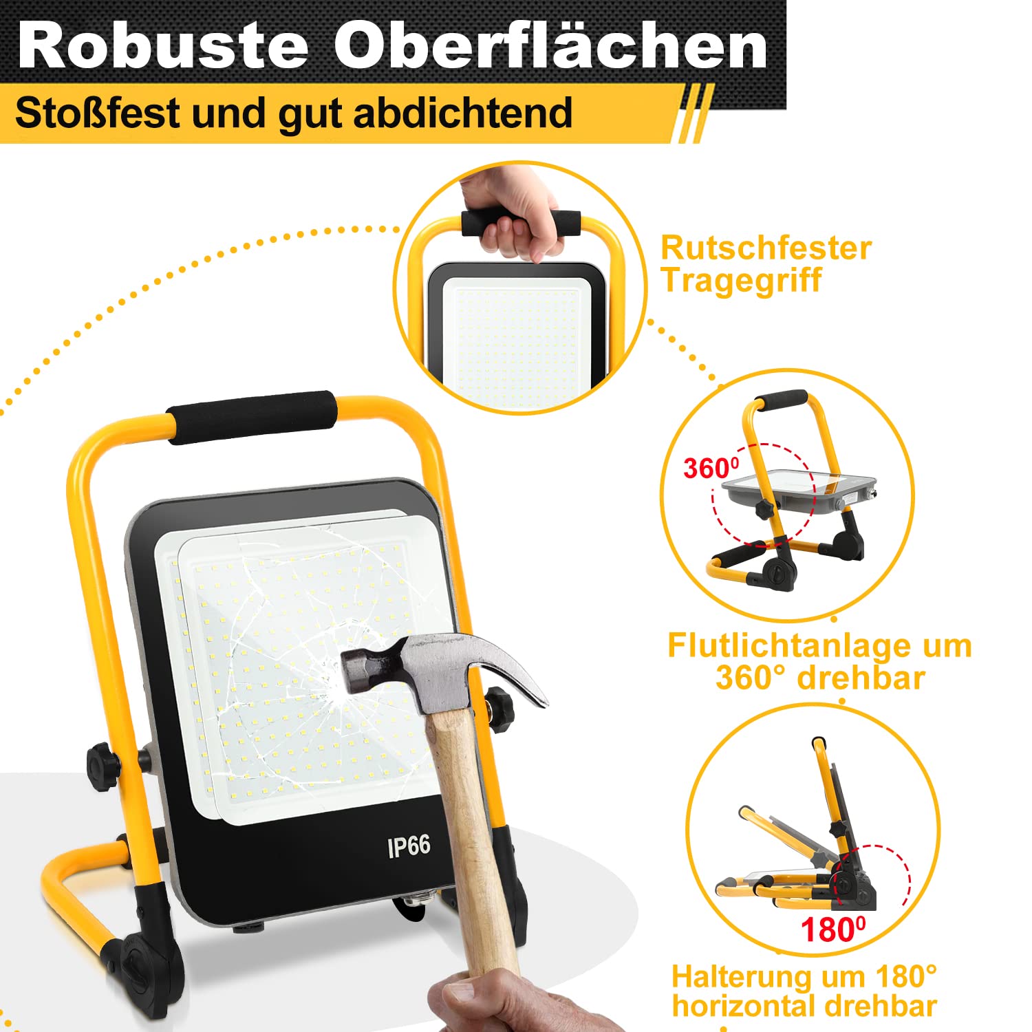 LED Baustrahler Arbeitsleuchte 200W, 4X Baustellen Strahler inkl. Faltbarer Standgestell, Baulampe 18000LM 6000K Kaltweiß IP66 Wasserdicht für Innen Außen (mit Stecker und 3 meter Netzkabel)