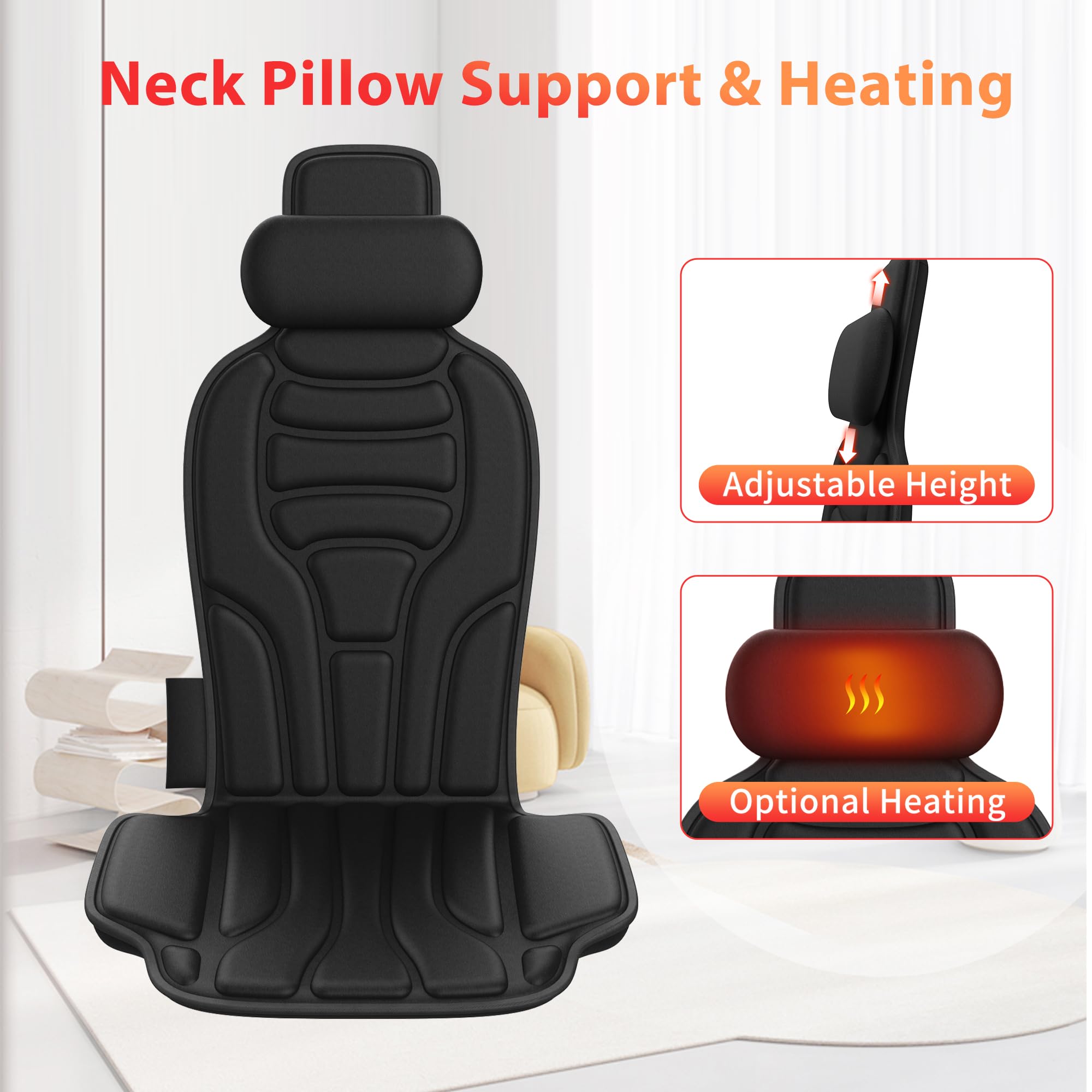 Rückenmassagegerät mit Wärme, 8 Motor Vibration Stuhl Massagekissen mit Beheiztem Nackenkissen, 5 Modi & 2 Wärmestufen, für Bürostuhl, Sofa und Relaxer, Mitternacht