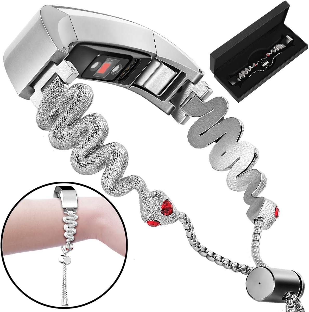 Stainless Steel Bands Compatible Fitbit Alta Bands, Bling Rhinestones Replacement Metal Wristband Bands for Women Bracelet Wrist Bands Watch Strap for Fitbit Alta HR with Snake Crystal Eyes