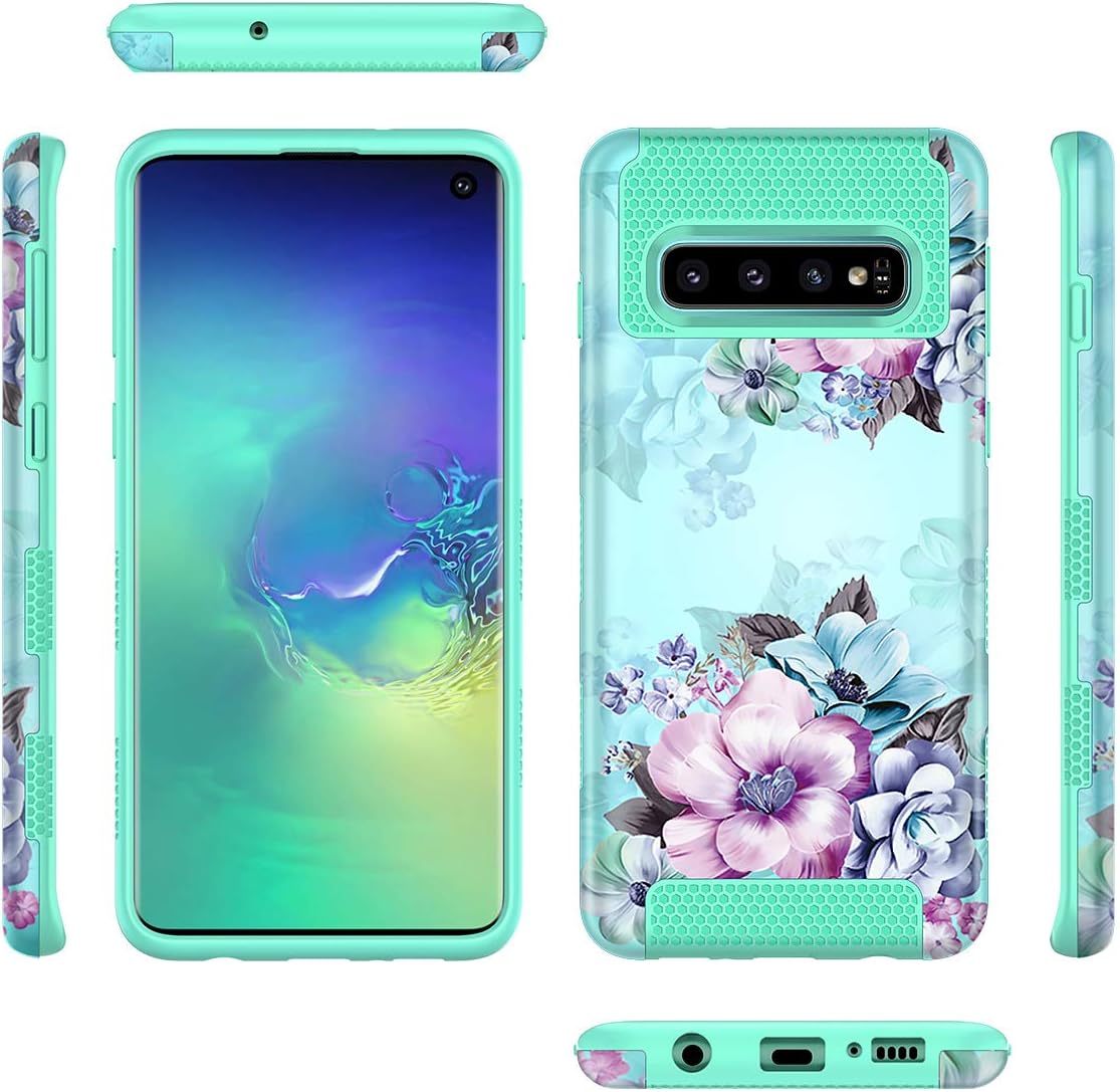 Casetego Compatible with Galaxy S10 Case,Shockproof Slim Dual Layer Protection Scratch Resistant Hard Back Cover + TPU Bumper Case for Samsung Galaxy S10,Blue Flower