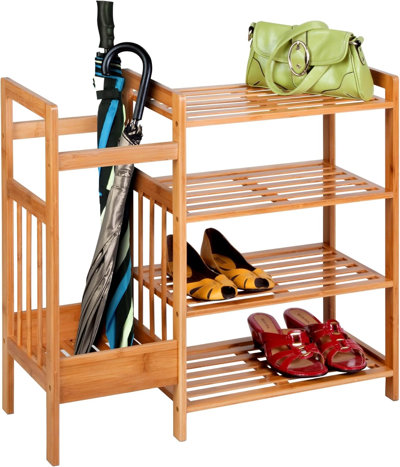 Honey-Can-Do Bamboo Entryway Organizer with 5 Coat Hooks and 3-Tier Shoe Rack – Multi-Purpose Hall Tree for Entryway & Mudroom – Natural Bamboo Storage Shelf for Bags, Hats, and Umbrellas