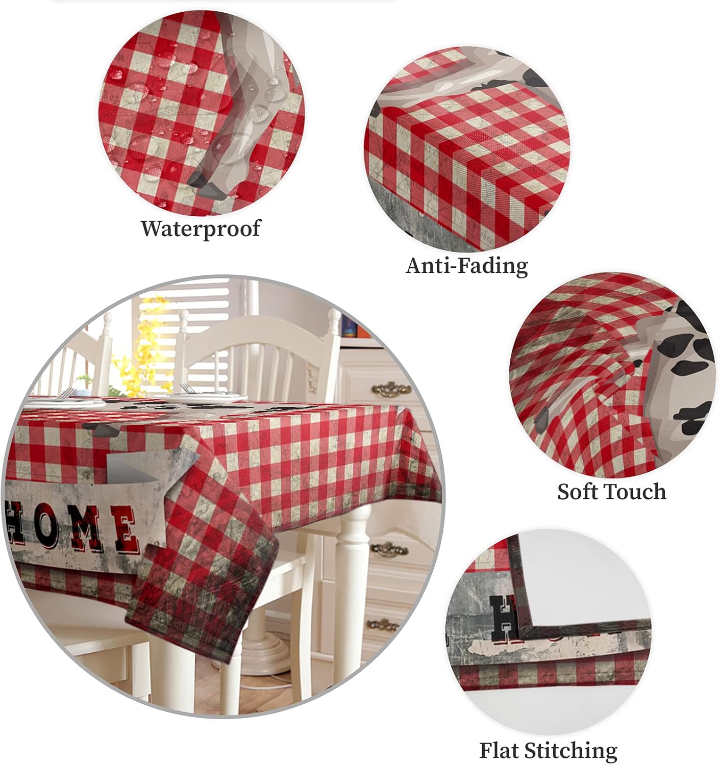 Country Animal Cow on Retro Pink Buffalo Plaid Tablecloth, Waterproof Rectangular Table Cloths Vintage Cheque Printed Tables Cover for Dinner Kitchen Wedding Party Holiday Decoration 60"x84"