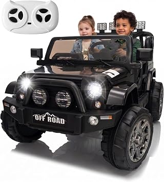 24V 2 Seater Electric Ride on Car, Off-Road Truck Vehicles, Ages 3-8, Black | Bid Kids Battery Powered Car Toy, Parent Remote, Suspension, Spacious 19.5"Seat, Storage, Music, Birthday Gift for Boys Girls