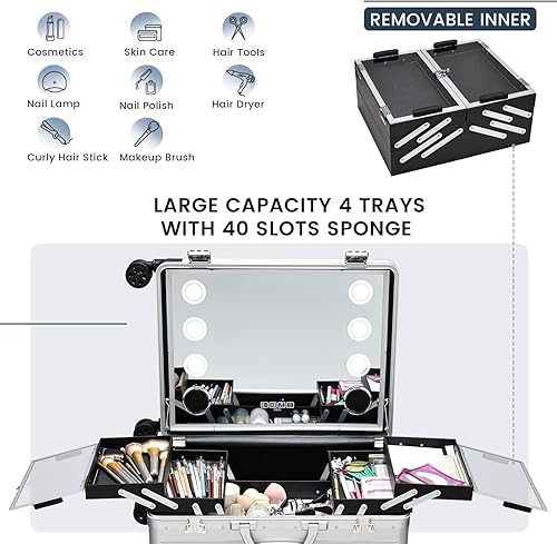 Miniatura 3 de Estuche de tren de maquillaje profesional 4 en 1 con ruedas, carrito de cosméticos y carrito de cosmetología, maletero para artistas de maquillaje,