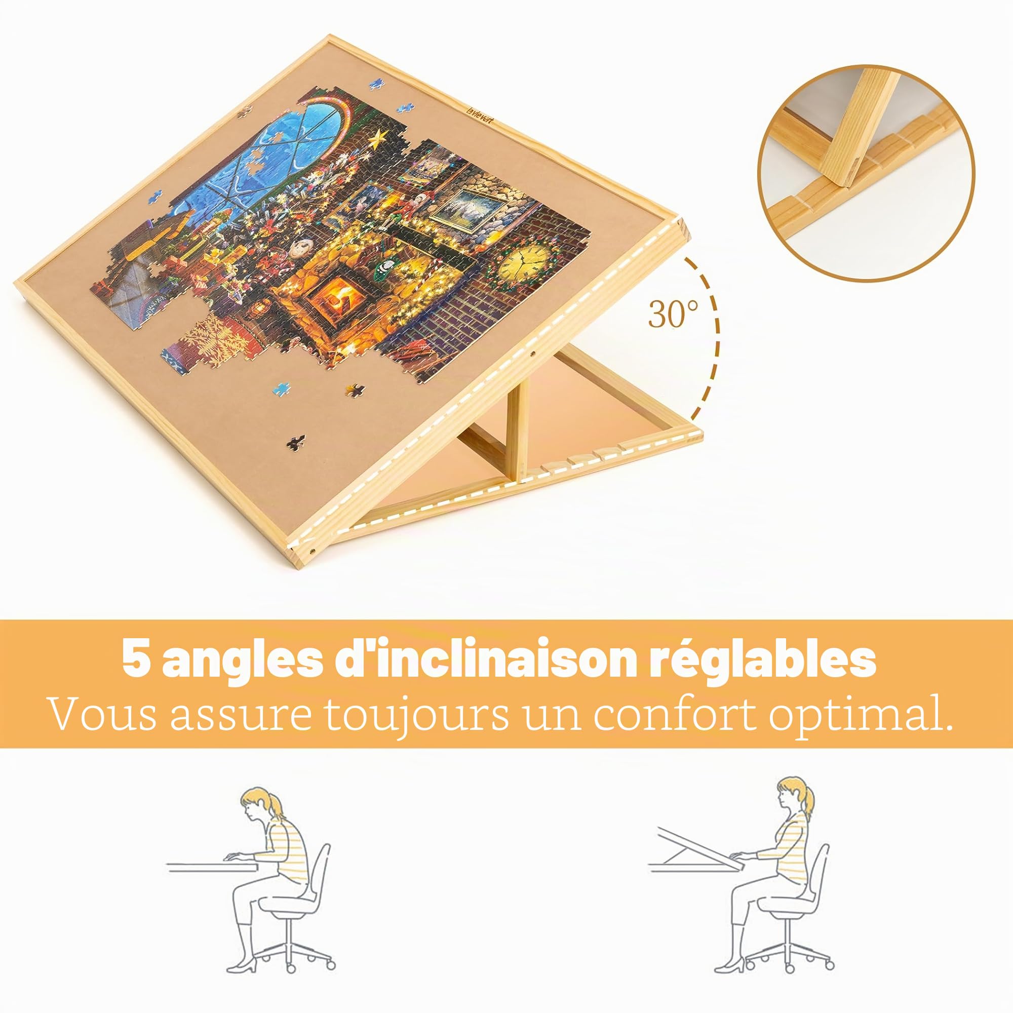 Lavievert Planche de puzzle inclinable 1 500 pièces avec couvercle en bois et chevalet inclinable intégré, plateau de puzzle portable avec surface en flanelle antidérapante pour adultes et enfants